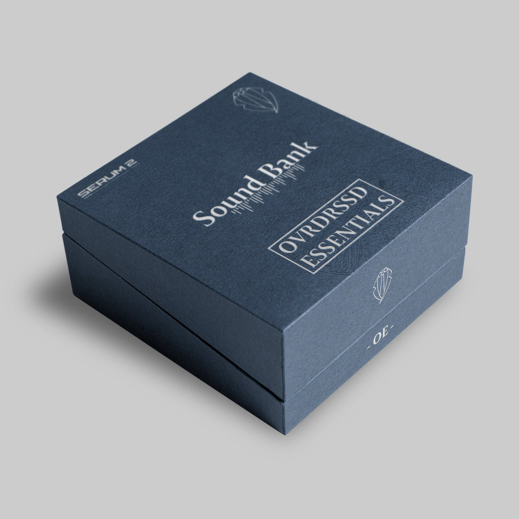 Blue box with 'Sound Bank' and 'Ovrdrrssd Essentials' text on a white background
